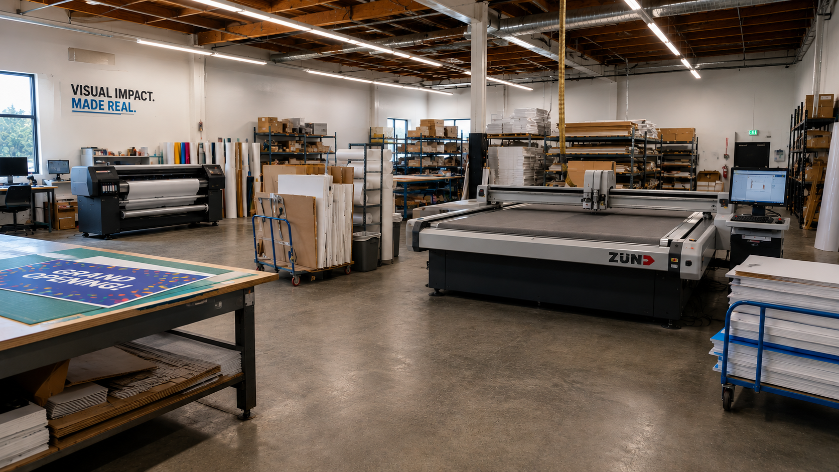The studio floor where rigid boards are printed, cut, and packed.