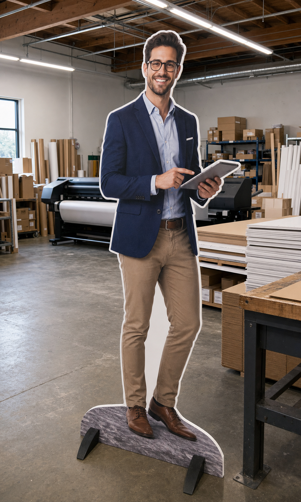 A polished presenter cutout for booths, launches, and events.