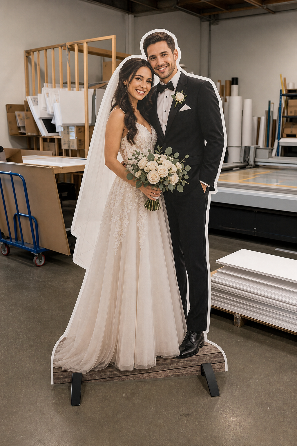 A full-height couple standee built for reception photo ops.